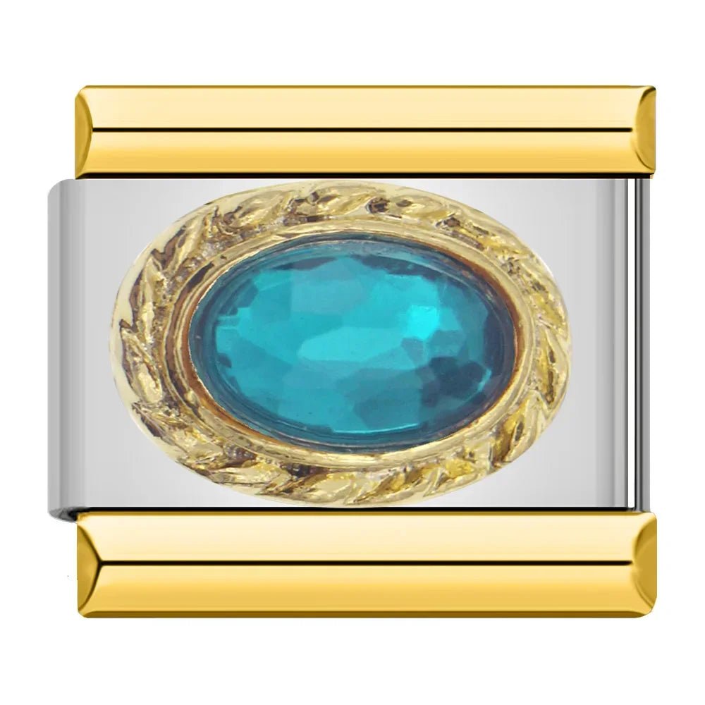 Charm piedra azul engarzada en un diseño dorado - Italian Charms